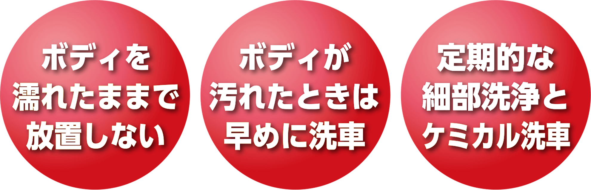 ボディを濡れたままで放置しない。ボディが汚れたときは早めに洗車。定期的な細部洗浄とケミカル洗車。